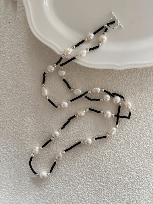 Collana di onice nera e perle
