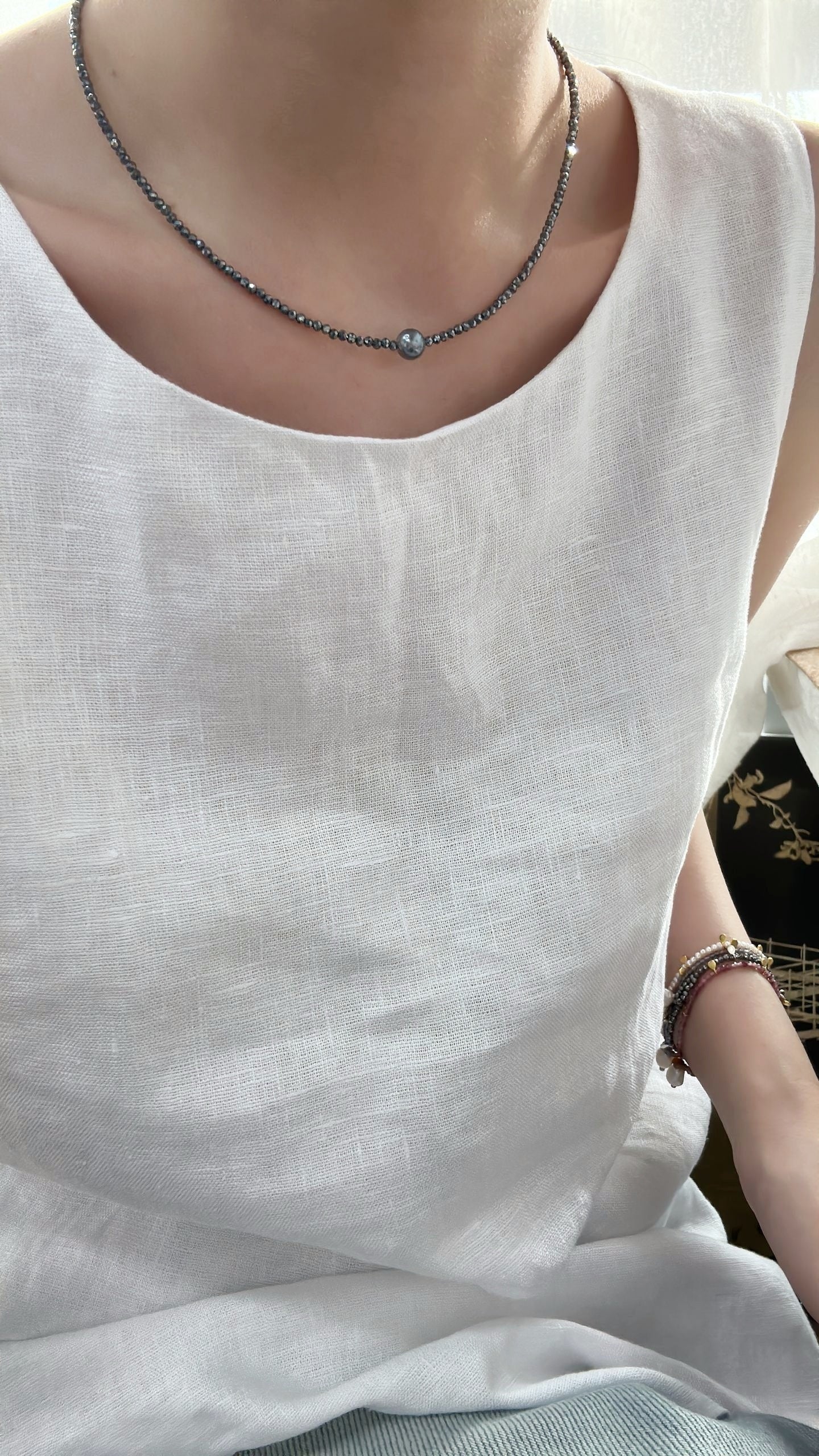 Collana di cristallo grigio e Akoya